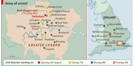 Cartes émeutes The Economist, août 2011