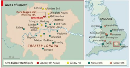 Cartes émeutes The Economist, août 2011